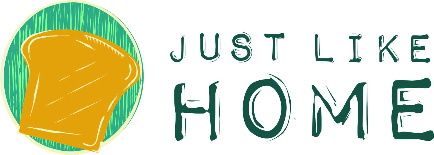 A graphic of yellow bread on a green plate with Just Like Home